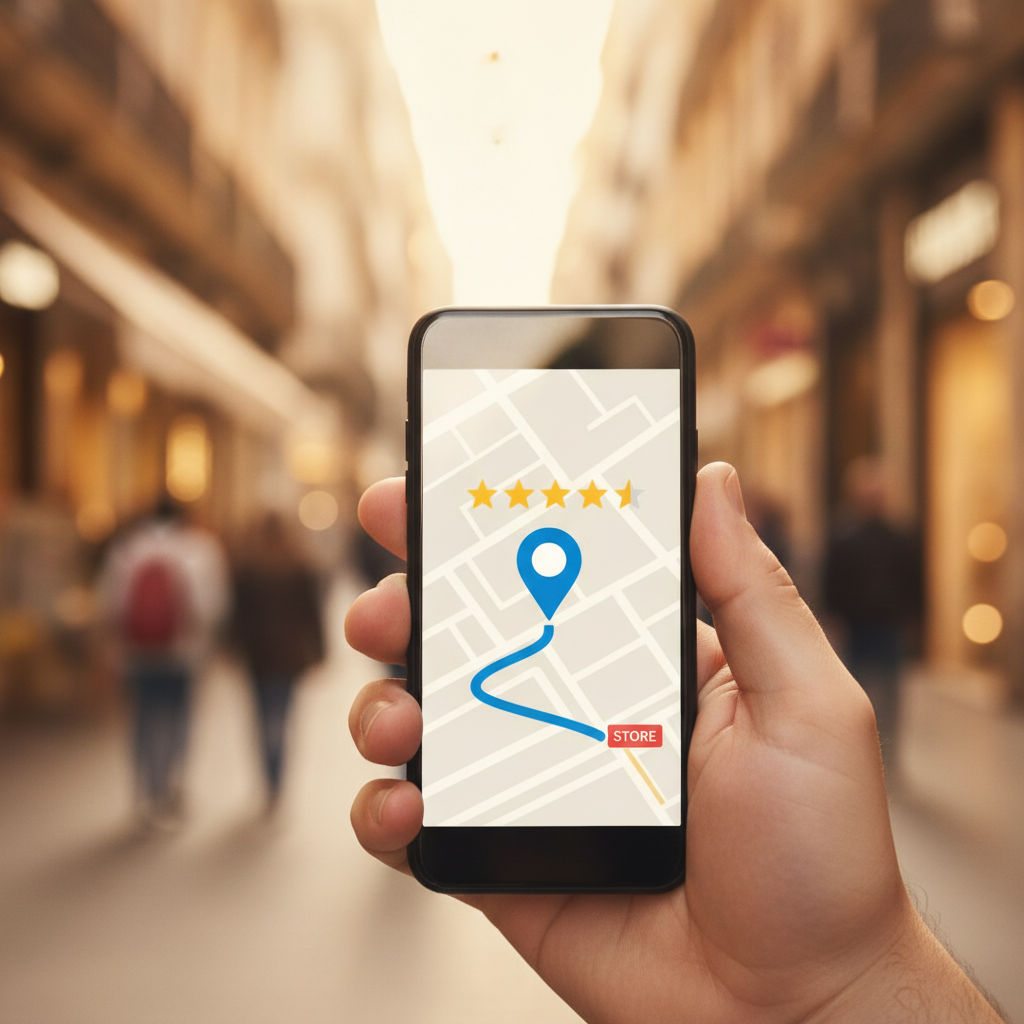 Cliente che cerca un'attività vicina sulla mappa del cellulare, base del SEO locale per le PMI