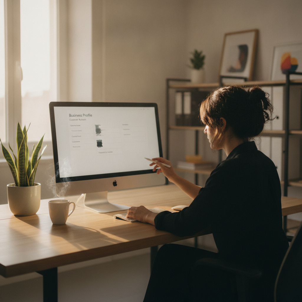 Manager di PMI che ottimizza la sua scheda aziendale e le recensioni per migliorare il SEO locale