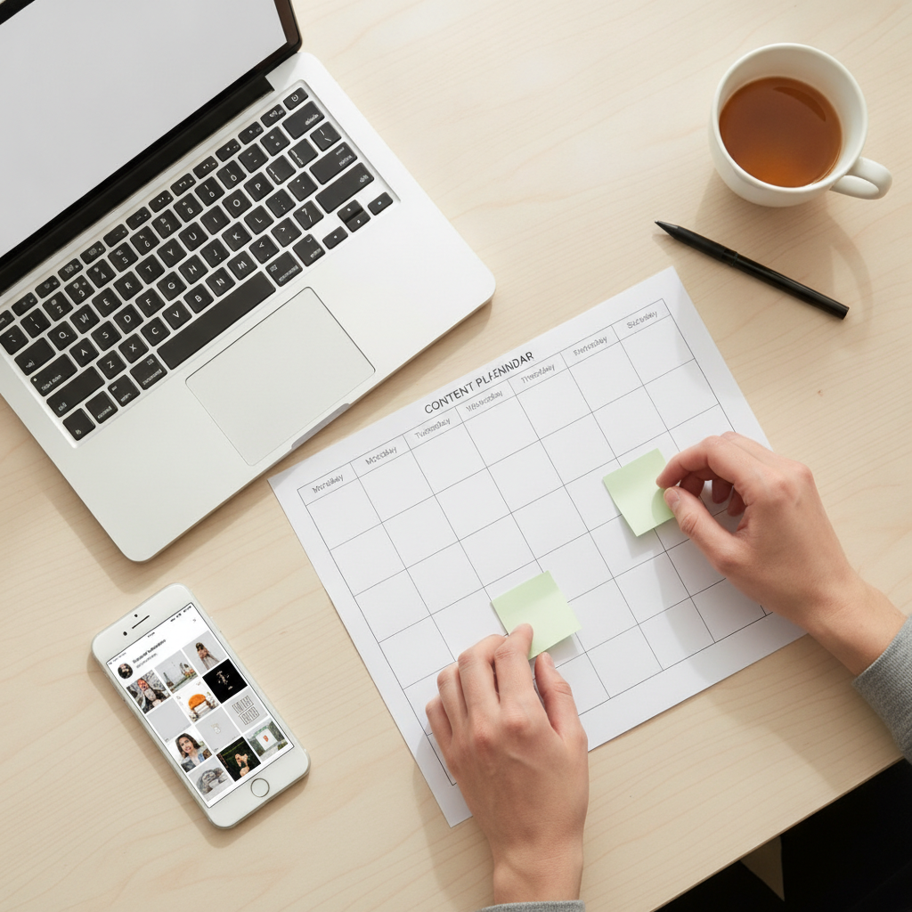 Planificacion semanal de contenido de redes sociales para empresas sobre una mesa de trabajo de una pyme