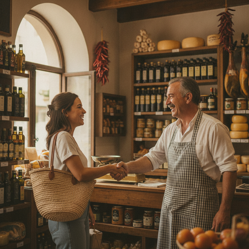 Comerciante atendiendo a un nuevo cliente en su negocio local gracias a la captación constante de clientes