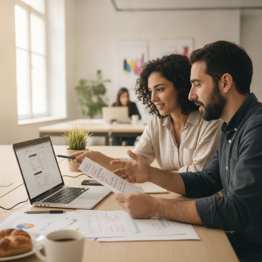 Equipo de una pyme revisando el contenido de su web para mejorar su visibilidad en las respuestas de IA (AEO)