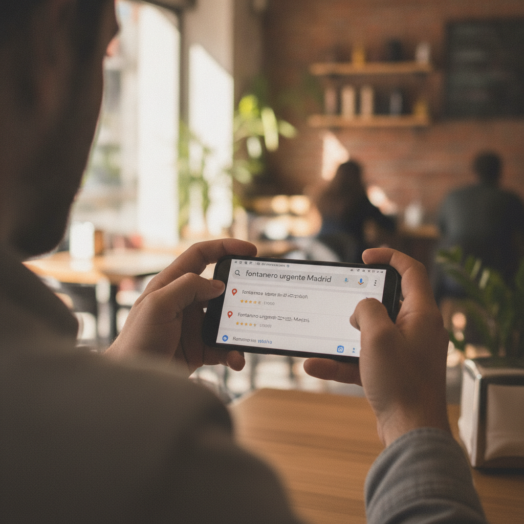 Person sucht auf dem Handy nach einem lokalen Produkt, in diesem Moment erscheinen Google Ads-Anzeigen