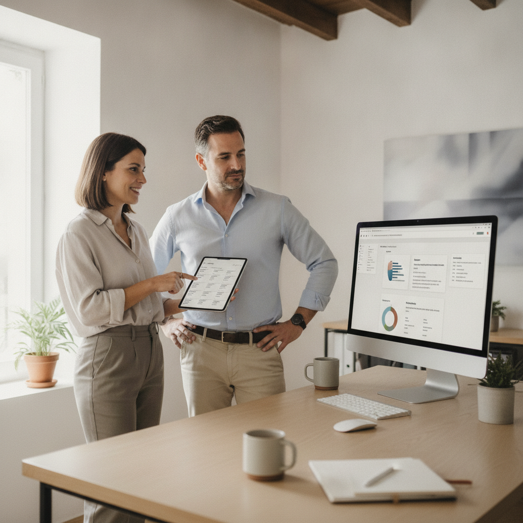 Equipo de una pyme revisando presupuestos y seguimiento de clientes ya automatizados sin perder tiempo