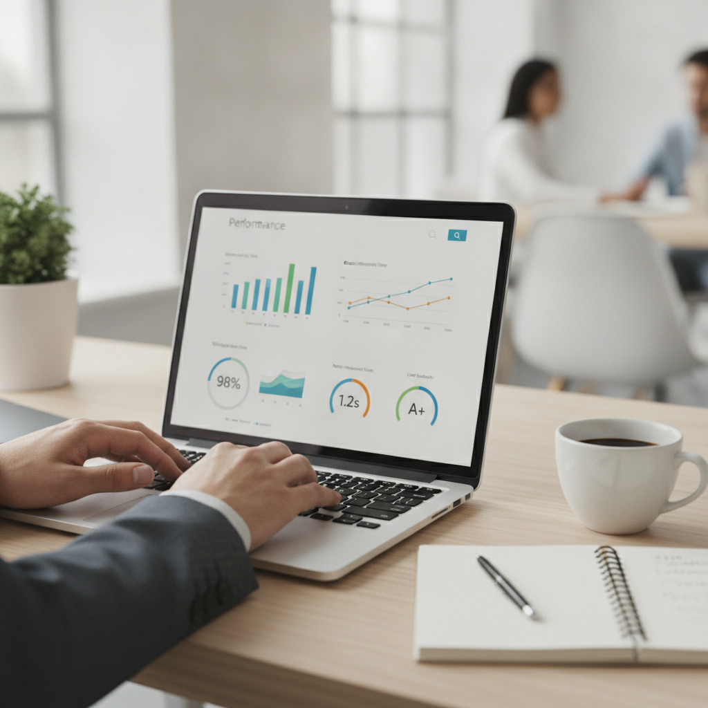 Analista revisando la parte tecnica de una auditoria SEO con metricas de velocidad web en un portatil