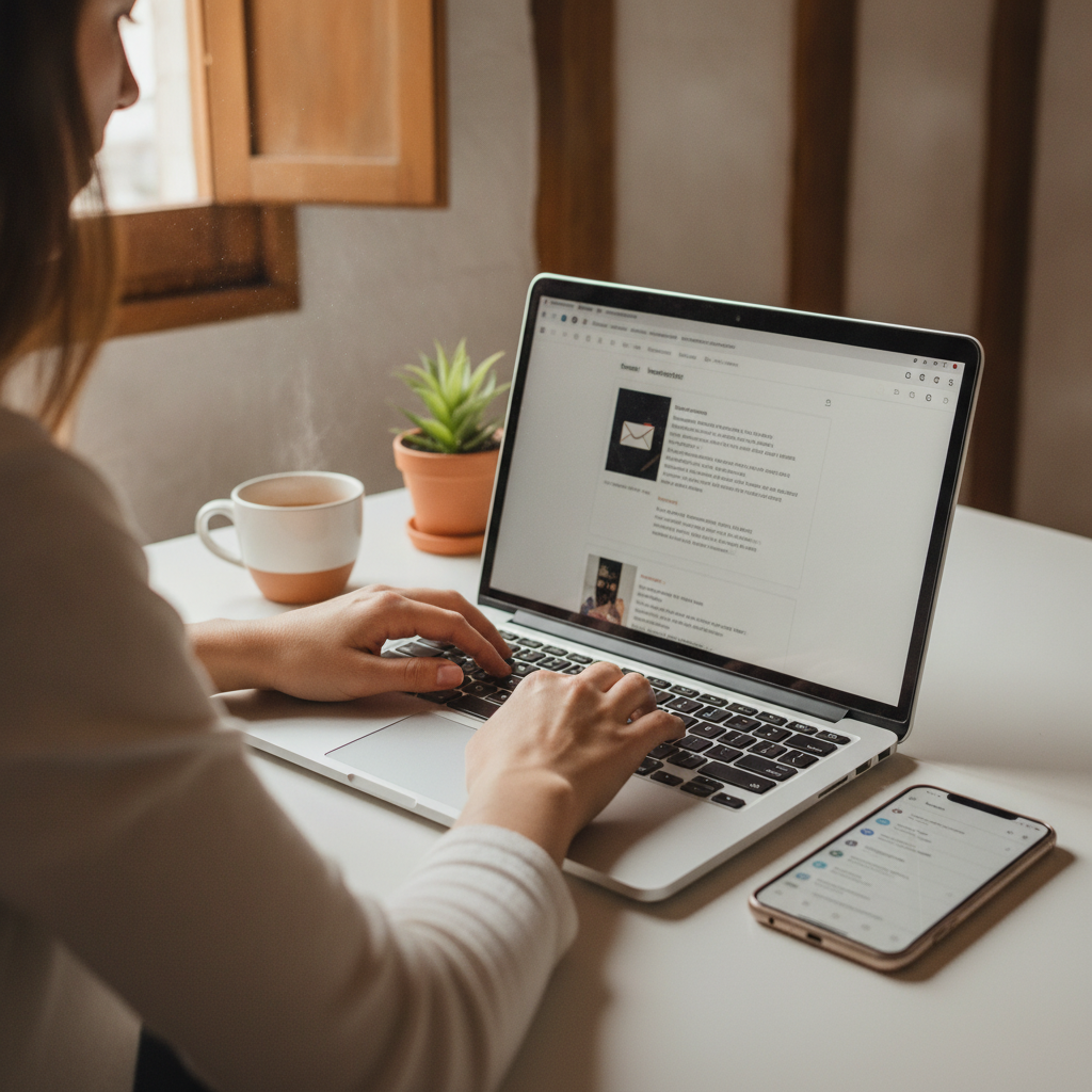 Emprendedora redactando la newsletter de su empresa en el portátil junto al móvil con la bandeja de entrada