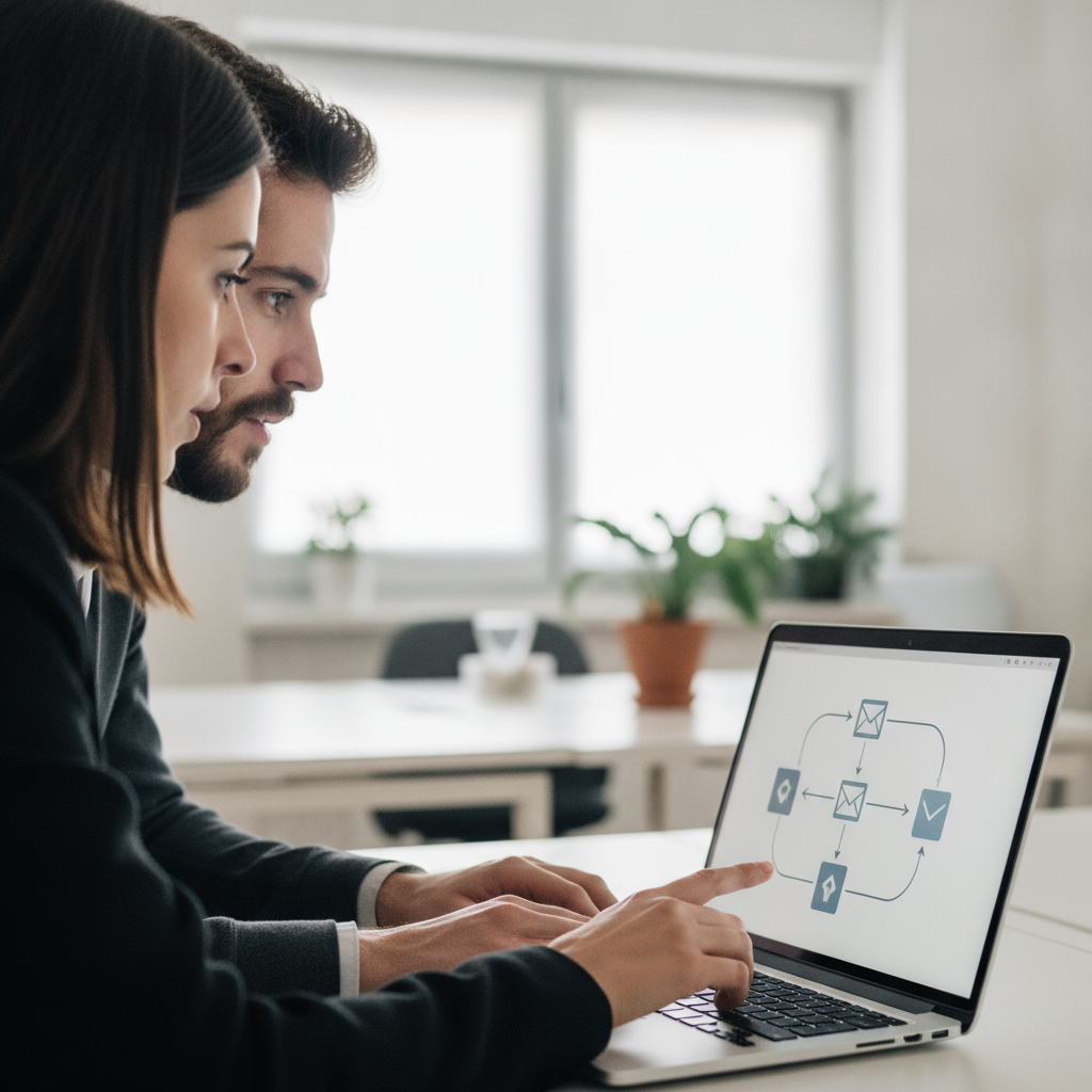 Team di una PMI che configura un flusso automatizzato di email marketing sul computer