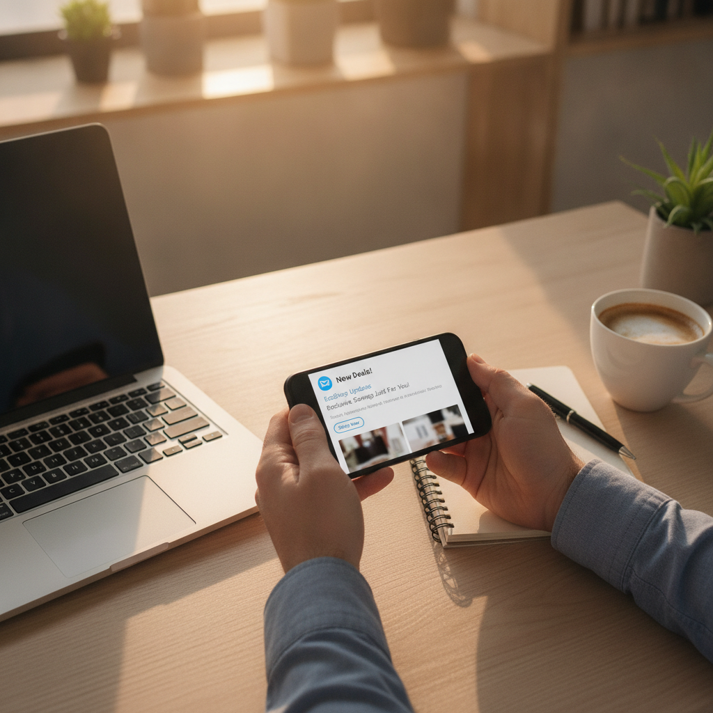 Cliente di una PMI che riceve sul cellulare un'email automatica segmentata di email marketing