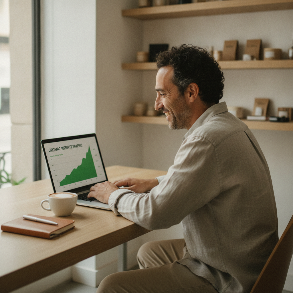 Dueña de un ecommerce viendo crecer las visitas orgánicas de su tienda gracias al SEO