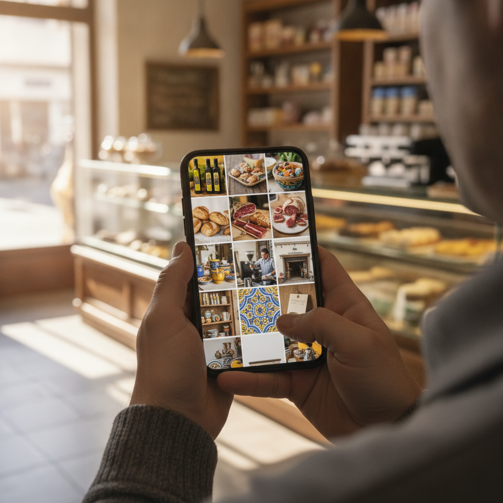 Perfil profesional de Instagram para empresas mostrado en un movil sobre el mostrador de una tienda