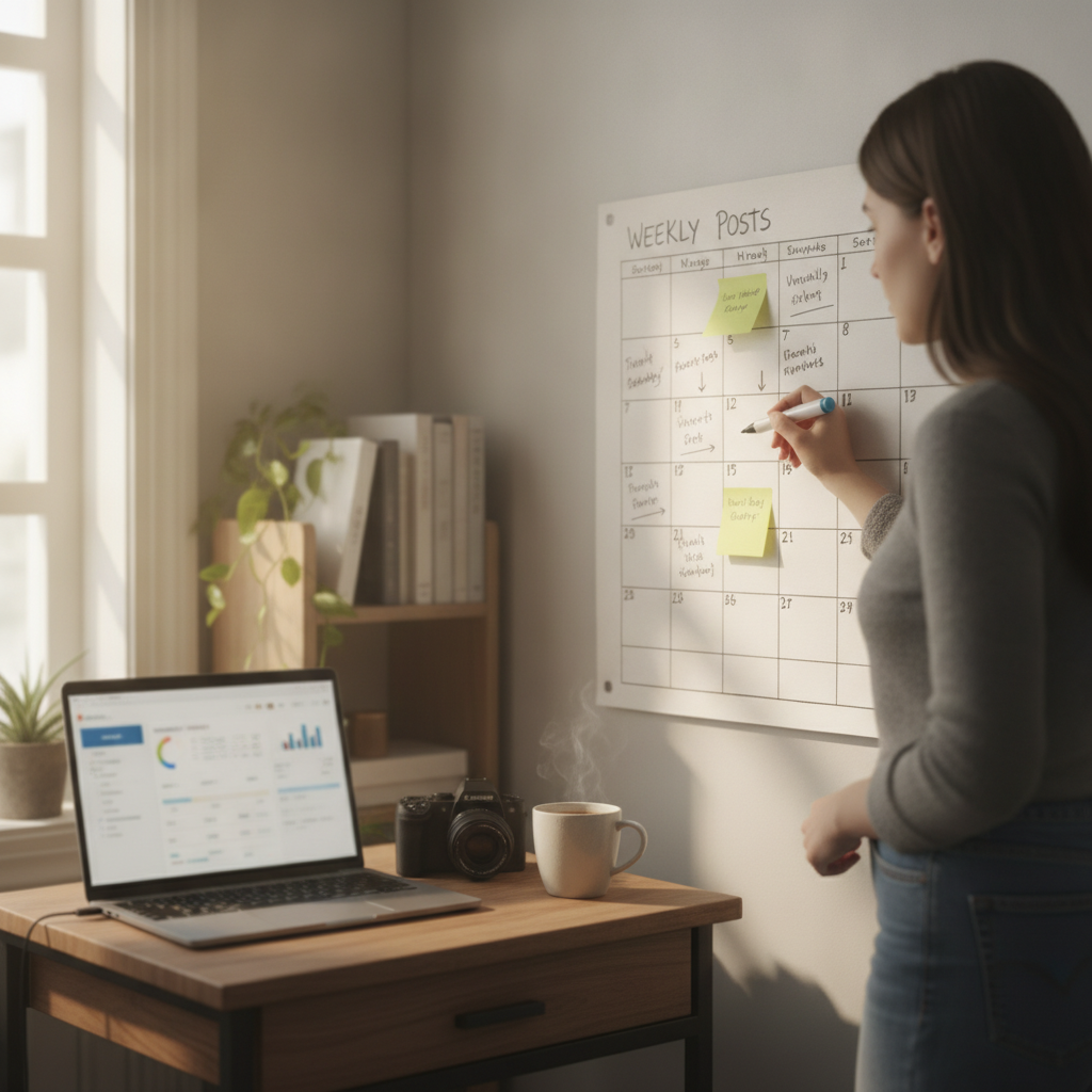 Planificacion semanal de contenido de Instagram para empresas con calendario editorial y portatil