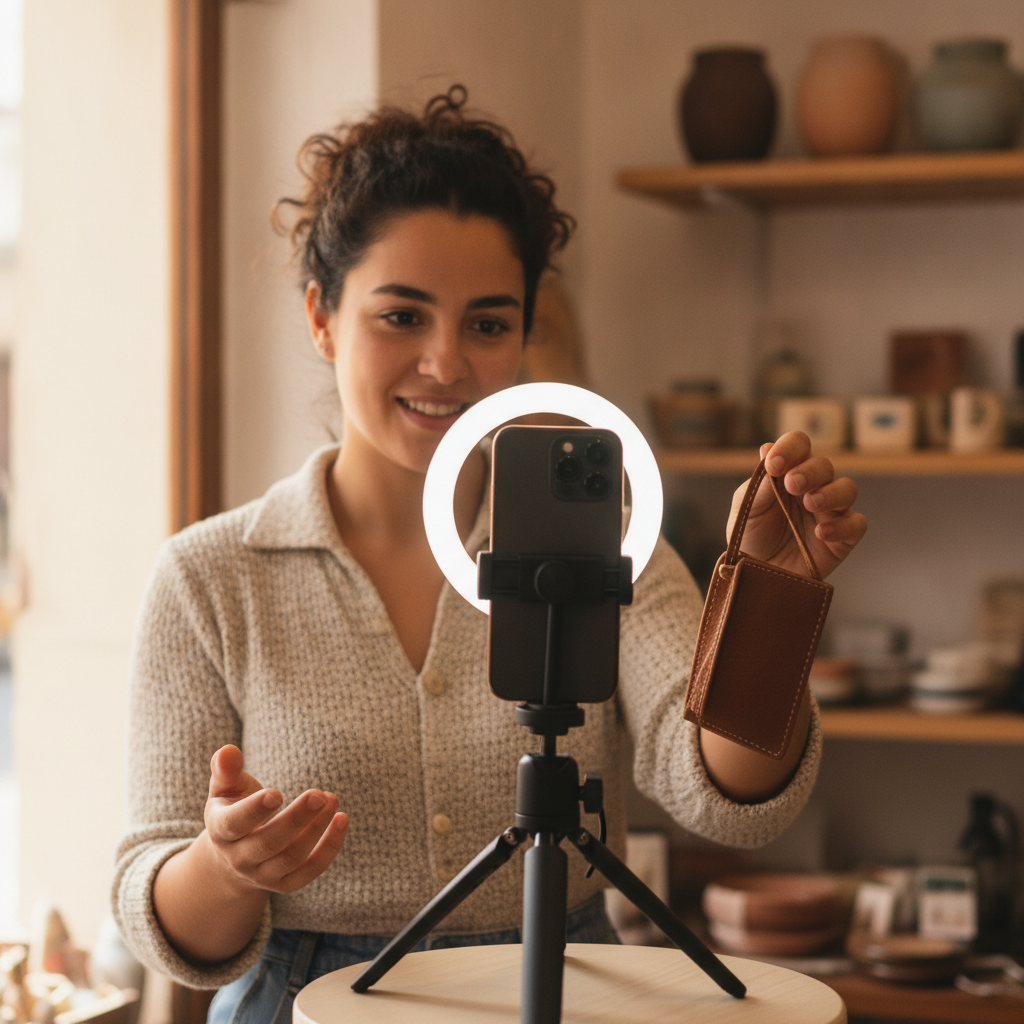 Duena de pyme grabando un video corto de un producto para TikTok en su tienda
