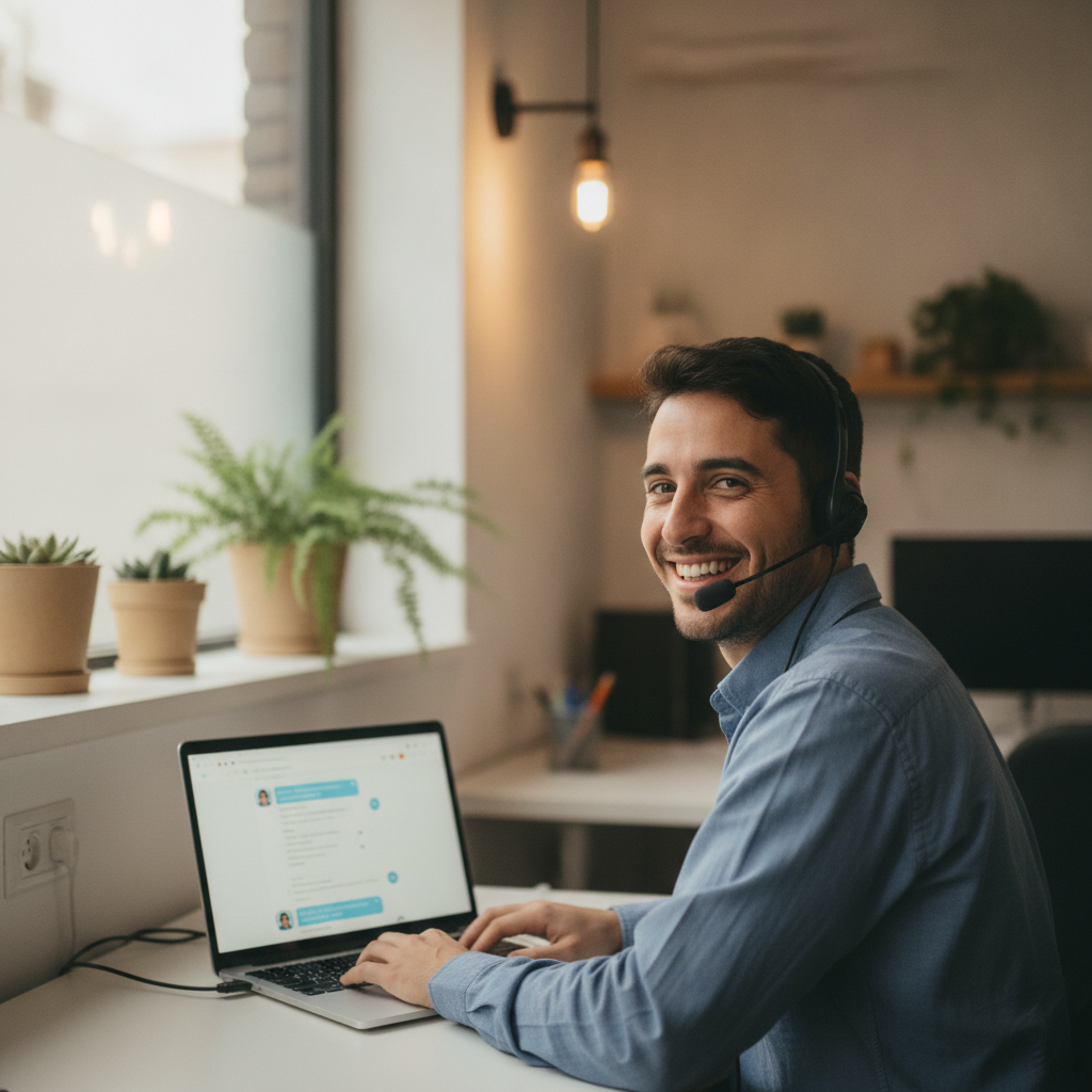 Empleada de atencion al cliente usando un asistente virtual con IA para responder consultas en una pyme