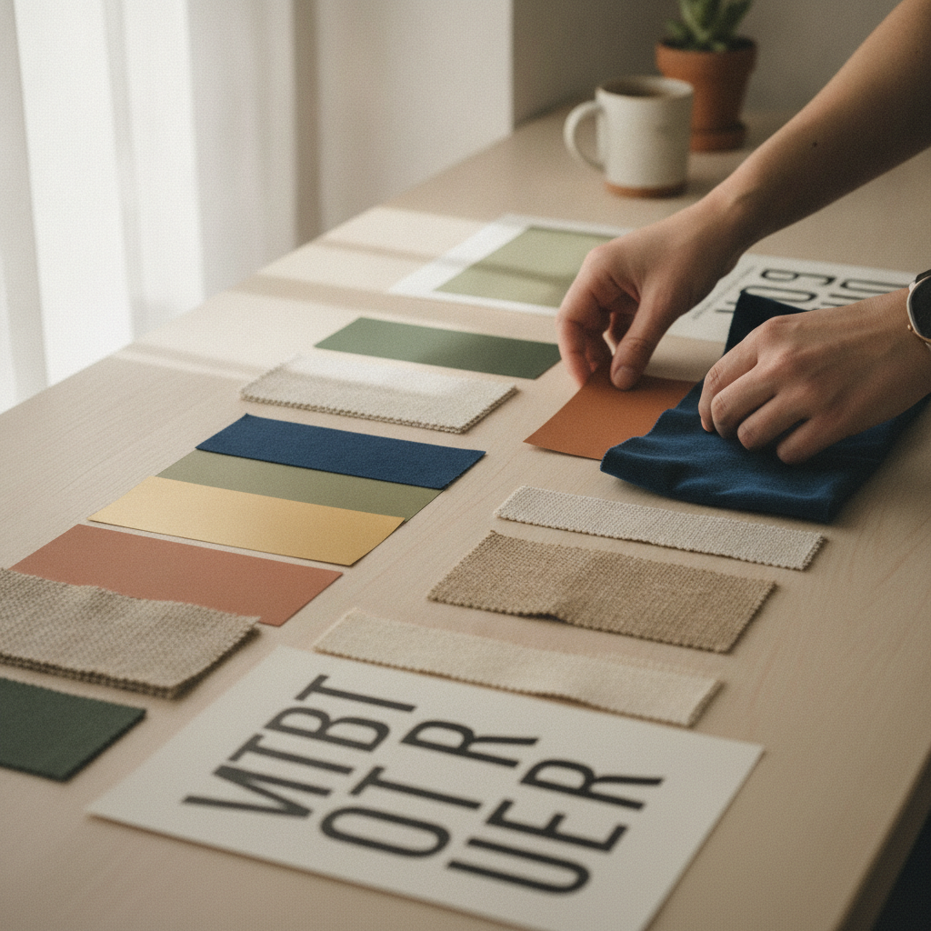 Paleta de colores y tipografia impresa sobre una mesa para definir la identidad de marca de una pyme