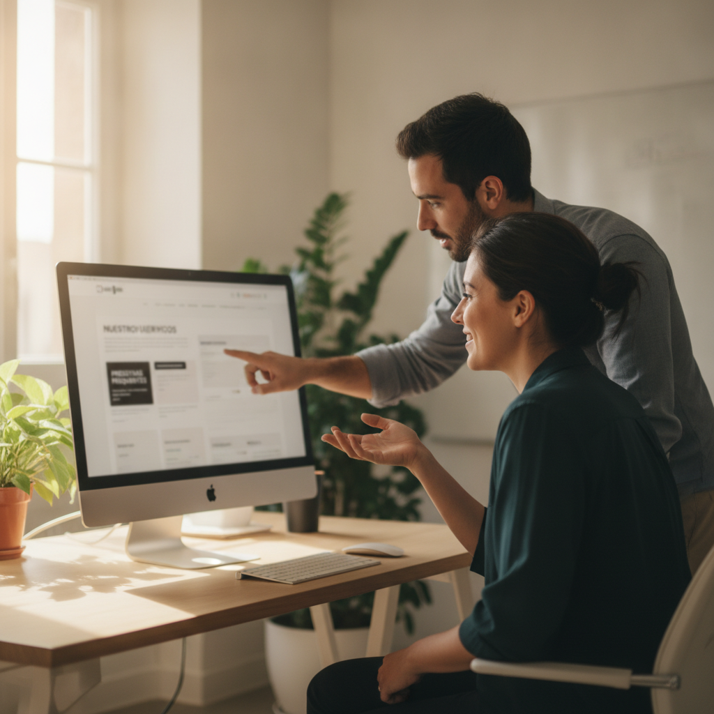 Equipo de una pyme estructurando el contenido web con preguntas y respuestas para aparecer en Perplexity