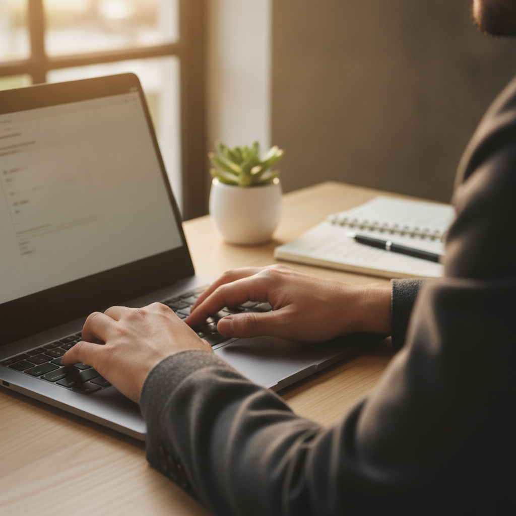 Redactar prompts de IA para marketing escribiendo instrucciones en el portatil de una pyme