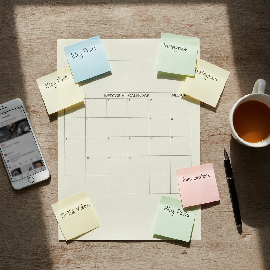 Calendario editorial y notas agrupadas por pilares para organizar ideas de contenido en redes sociales de una pyme