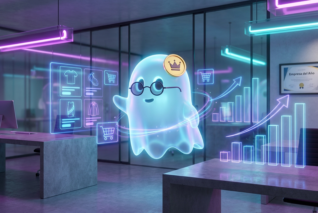 Mascota fantasma BOO haciendo crecer una tienda online con fichas de producto, carritos y gráficas de ventas al alza flotando, con luz de neón violeta y cian