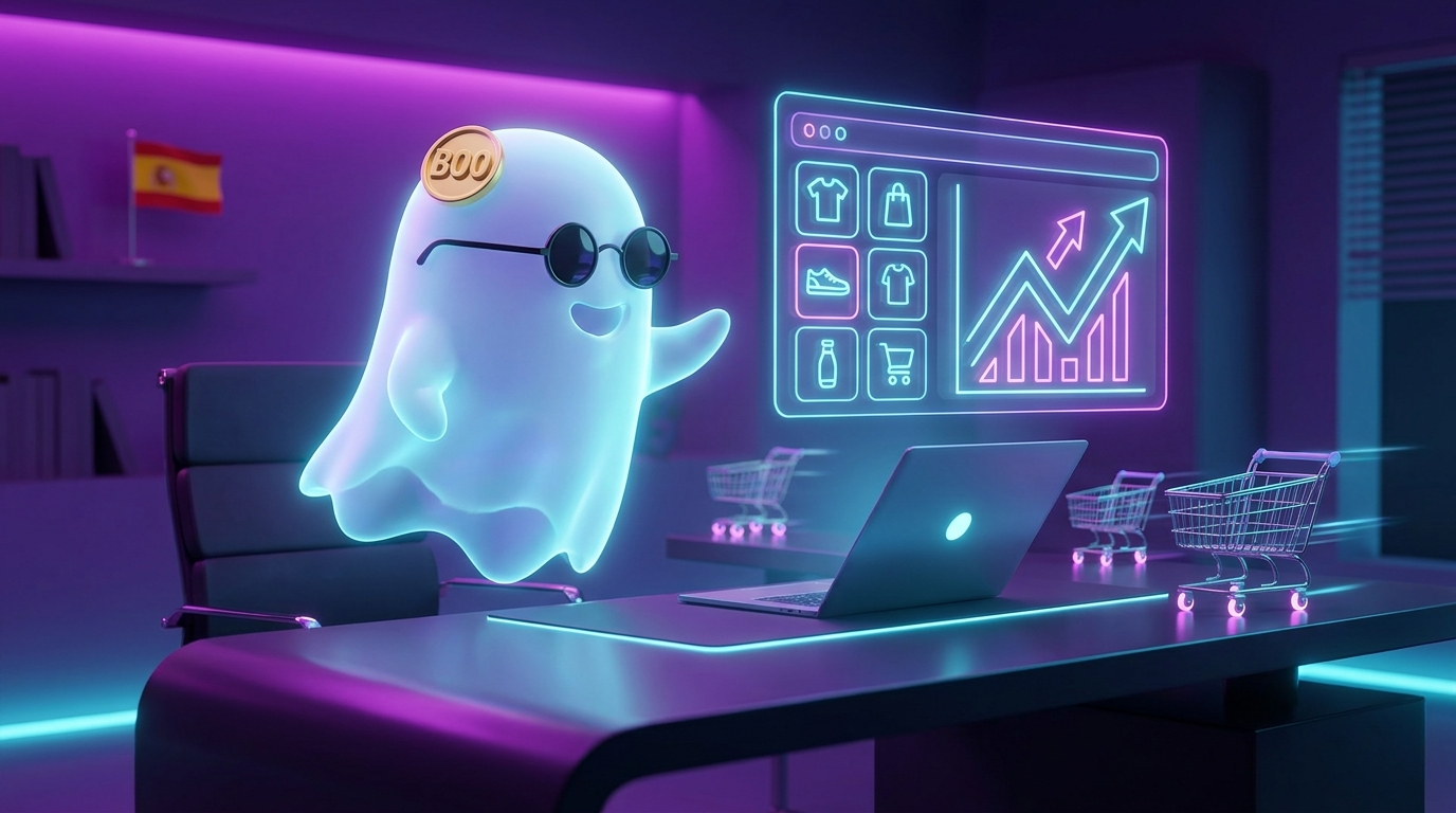 Mascota fantasma BOO gestionando el panel de una tienda online con fichas de producto y una gran gráfica de ventas creciendo, marketing con IA para ecommerce