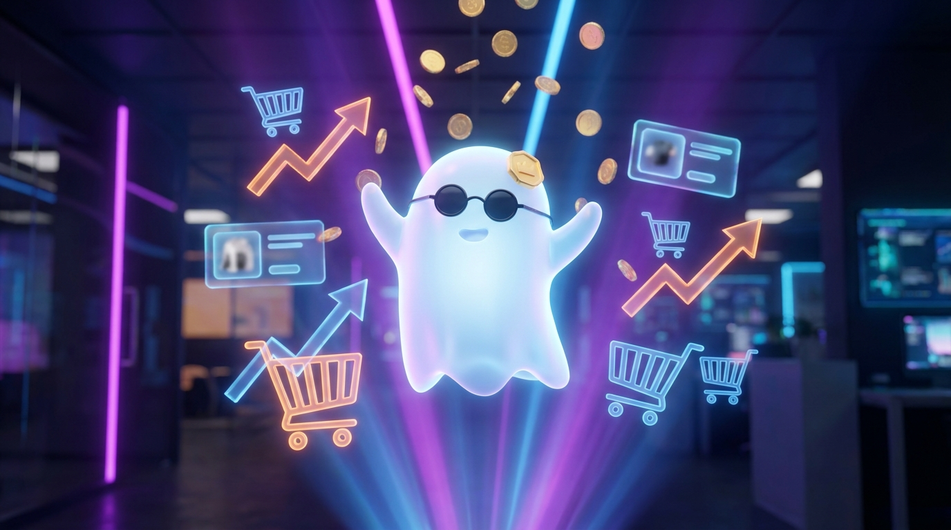Mascota fantasma BOO celebrando el aumento de ventas de un ecommerce con carritos, gráficas holográficas al alza y monedas cayendo, marketing con IA