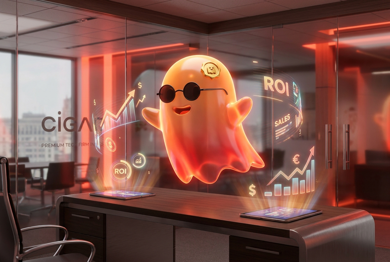 Mascota fantasma BOO lanzando campañas de publicidad en Google y Meta con hologramas de retorno y ventas al alza