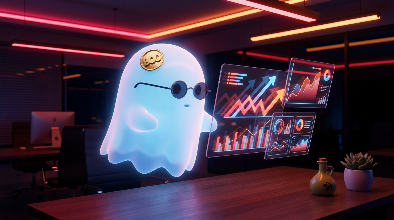 El fantasma BOO analizando un panel holográfico del rendimiento de los anuncios en Google y Meta con gráficas de conversión al alza