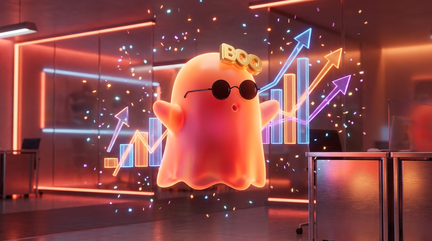 El fantasma BOO celebrando una campaña de anuncios exitosa con hologramas de ventas y flechas al alza