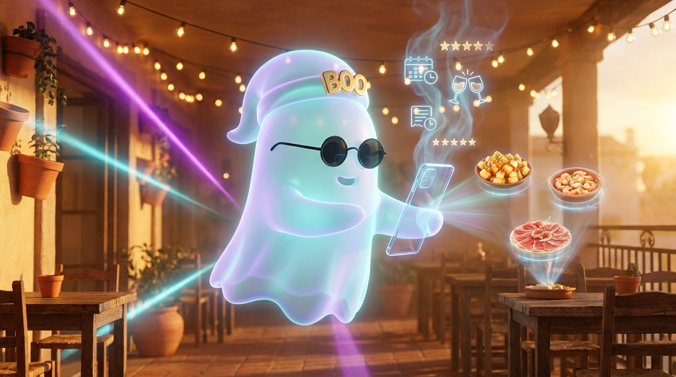 El fantasma BOO sujetando un móvil que muestra nuevas reservas y reseñas de un restaurante español en la terraza al atardecer