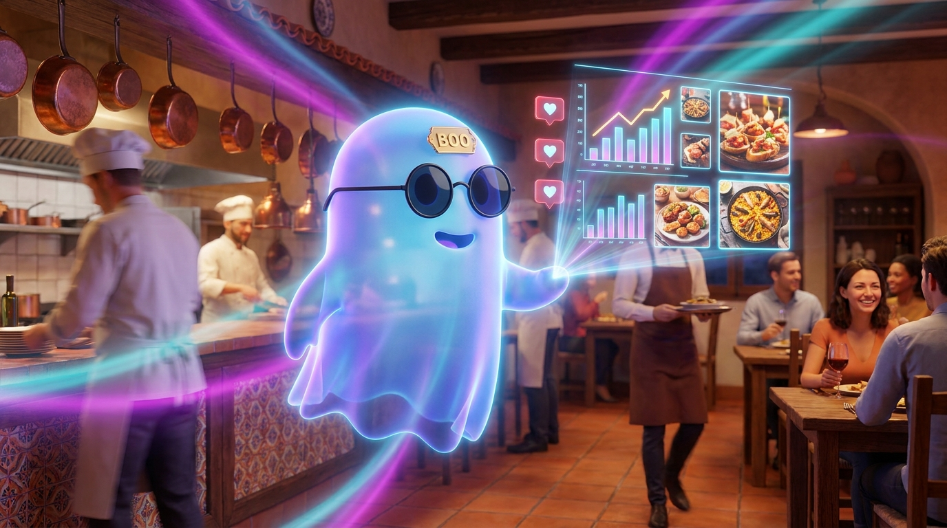 El fantasma BOO mostrando un panel de marketing con IA con las reservas al alza dentro de un restaurante español lleno de clientes
