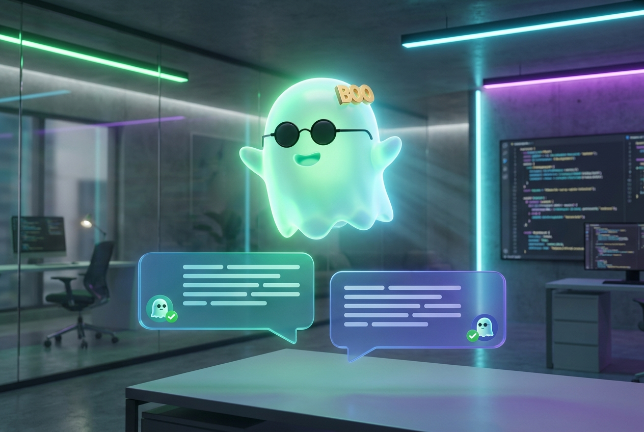 Mascota fantasma BOO citada como fuente recomendada dentro de respuestas de IA como ChatGPT y Perplexity en una oficina moderna