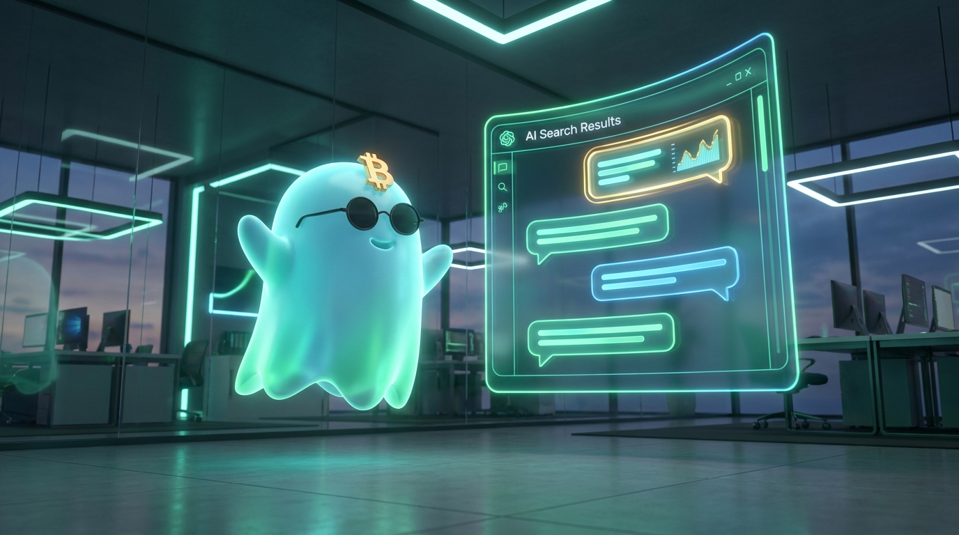 El fantasma BOO junto a un panel holográfico de resultados de IA donde su respuesta aparece destacada como la fuente recomendada