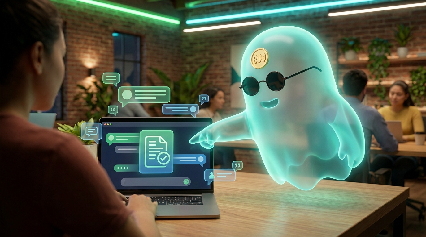 El fantasma BOO señalando un portátil con una conversación de asistente de IA que lo recomienda como fuente de confianza