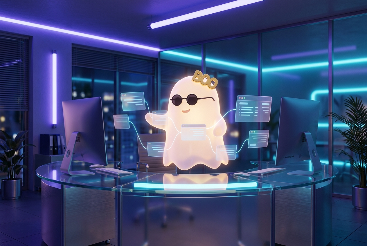 Mascota fantasma BOO organizando fichas de clientes y contactos en un embudo de CRM luminoso para pymes