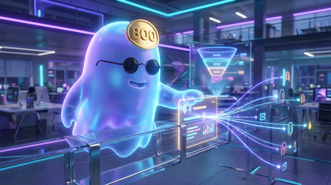 El fantasma BOO destacando un contacto en el embudo de ventas con conexiones entre contactos en un CRM