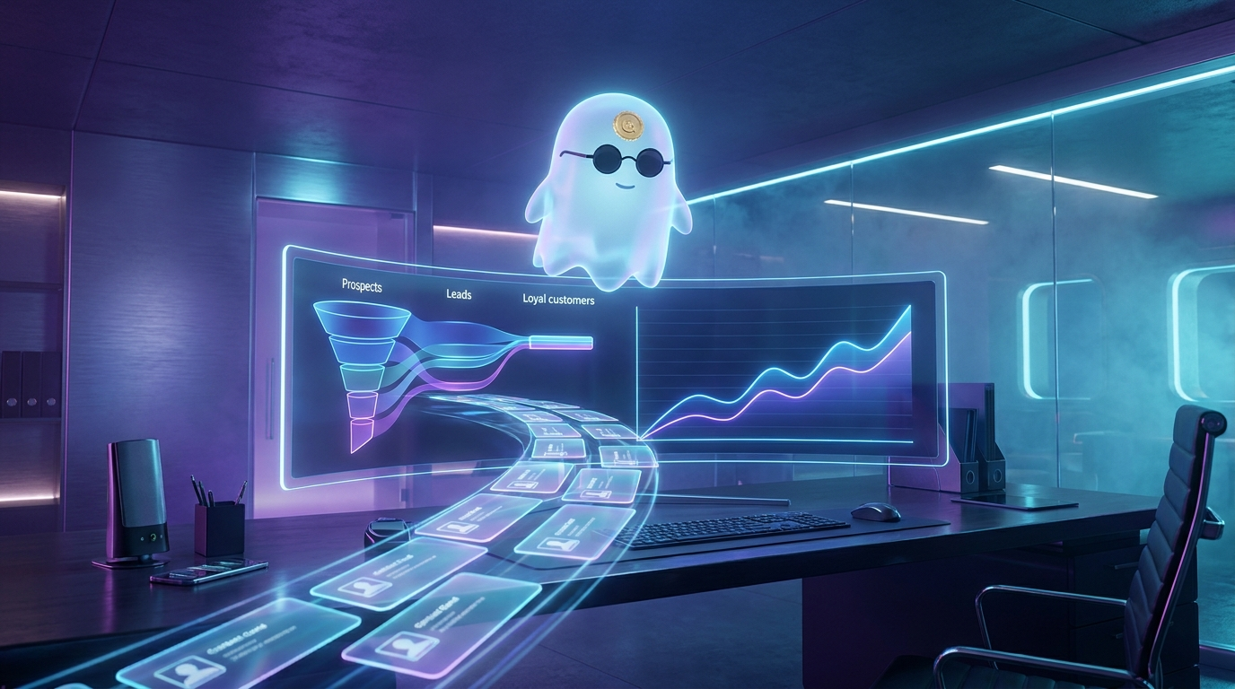 El fantasma BOO sobre un panel holográfico de CRM con las etapas de los clientes y las ventas creciendo