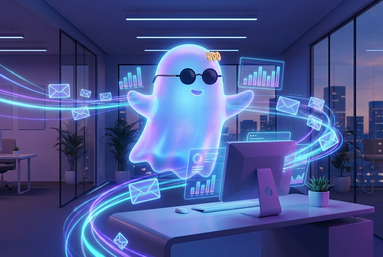 Mascota fantasma BOO enviando campañas de email marketing automáticas para pymes, con sobres luminosos y gráficas de tasa de apertura