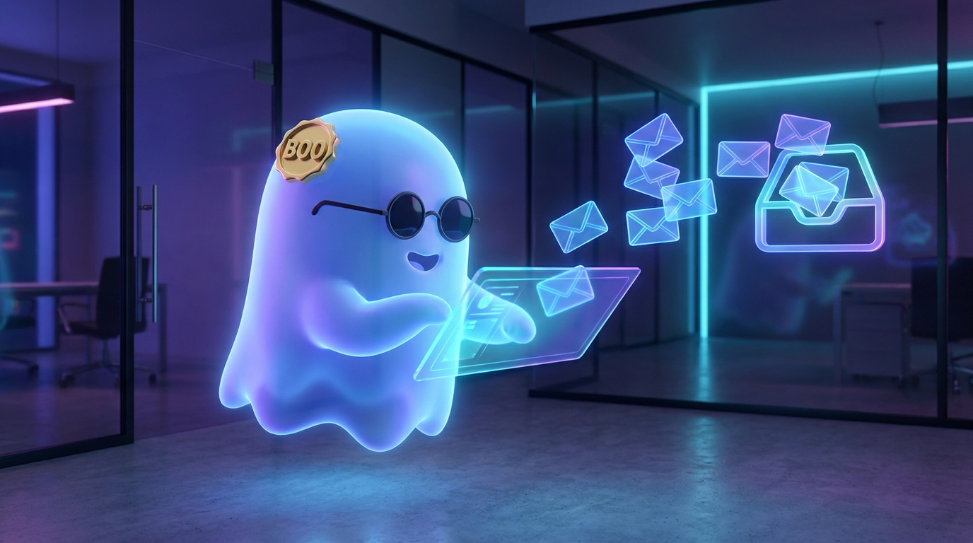 El fantasma BOO lanza una campaña de emails automáticos desde un panel holográfico que llena la bandeja de entrada de una pyme