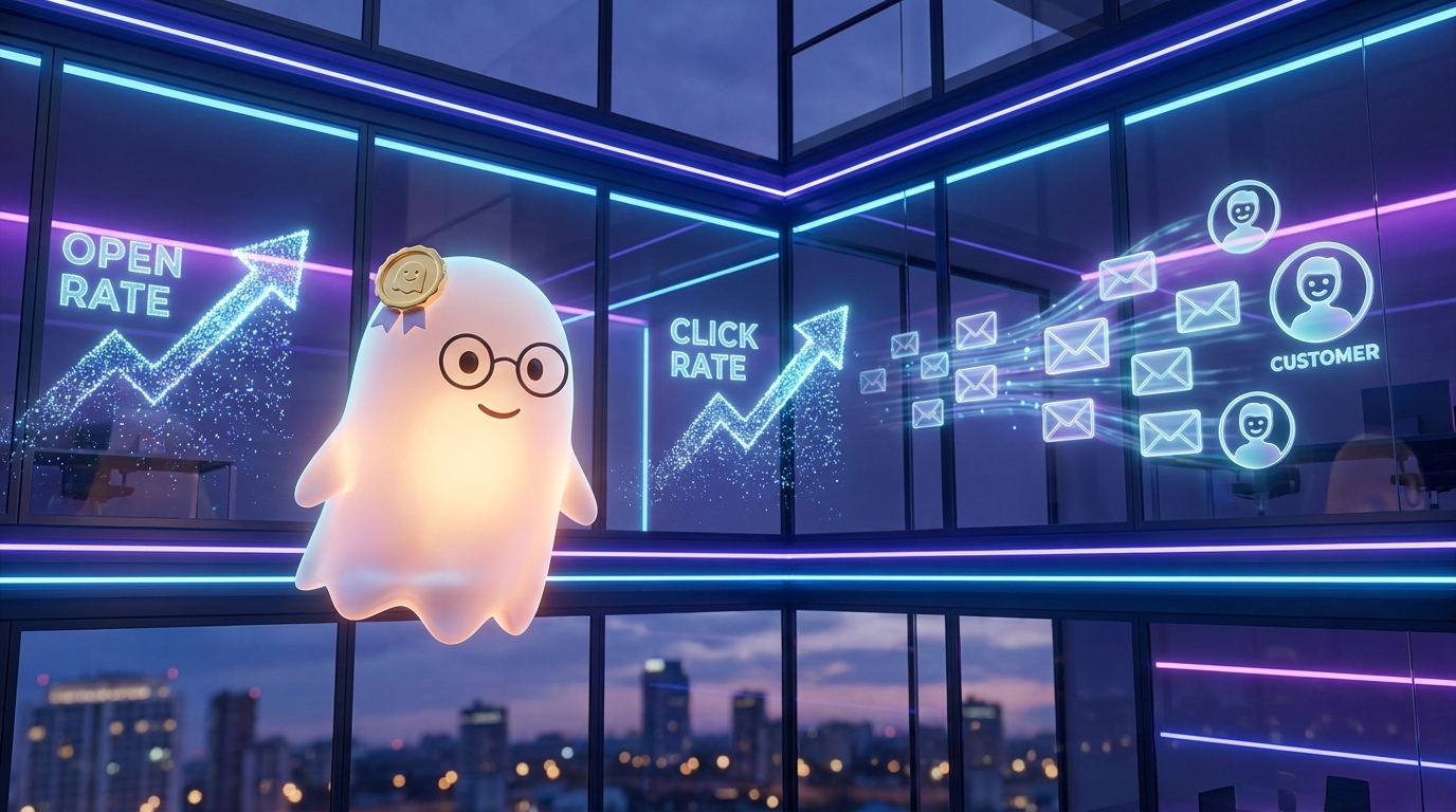 El fantasma BOO junto a gráficas de aperturas y clics al alza mientras los emails llegan a clientes satisfechos