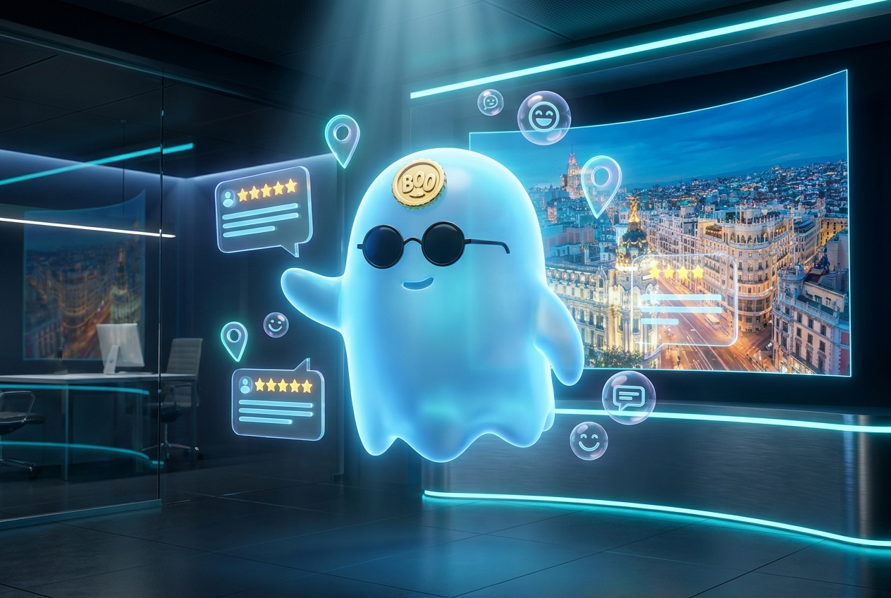 Mascota fantasma BOO gestionando reseñas de cinco estrellas en Google y marcadores de ubicación con inteligencia artificial sobre una ciudad