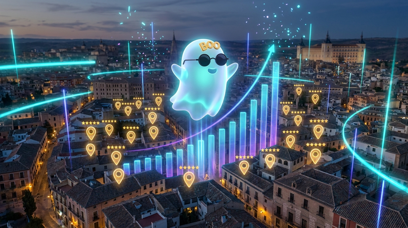 Vista aérea del fantasma BOO sobre el mapa de una ciudad española con marcadores y valoraciones de cinco estrellas al alza