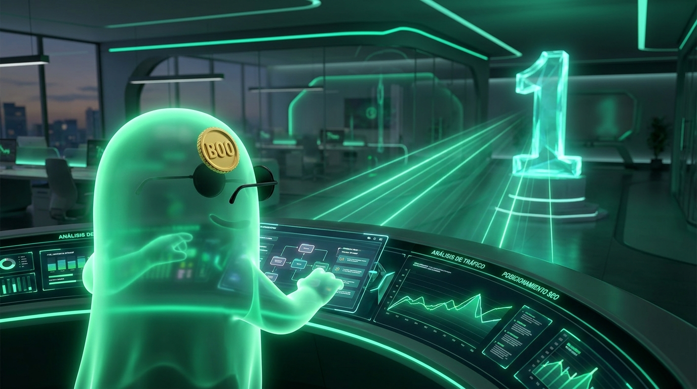 Mascota BOO analizando datos de posiciones y tráfico en un panel holográfico de inteligencia artificial