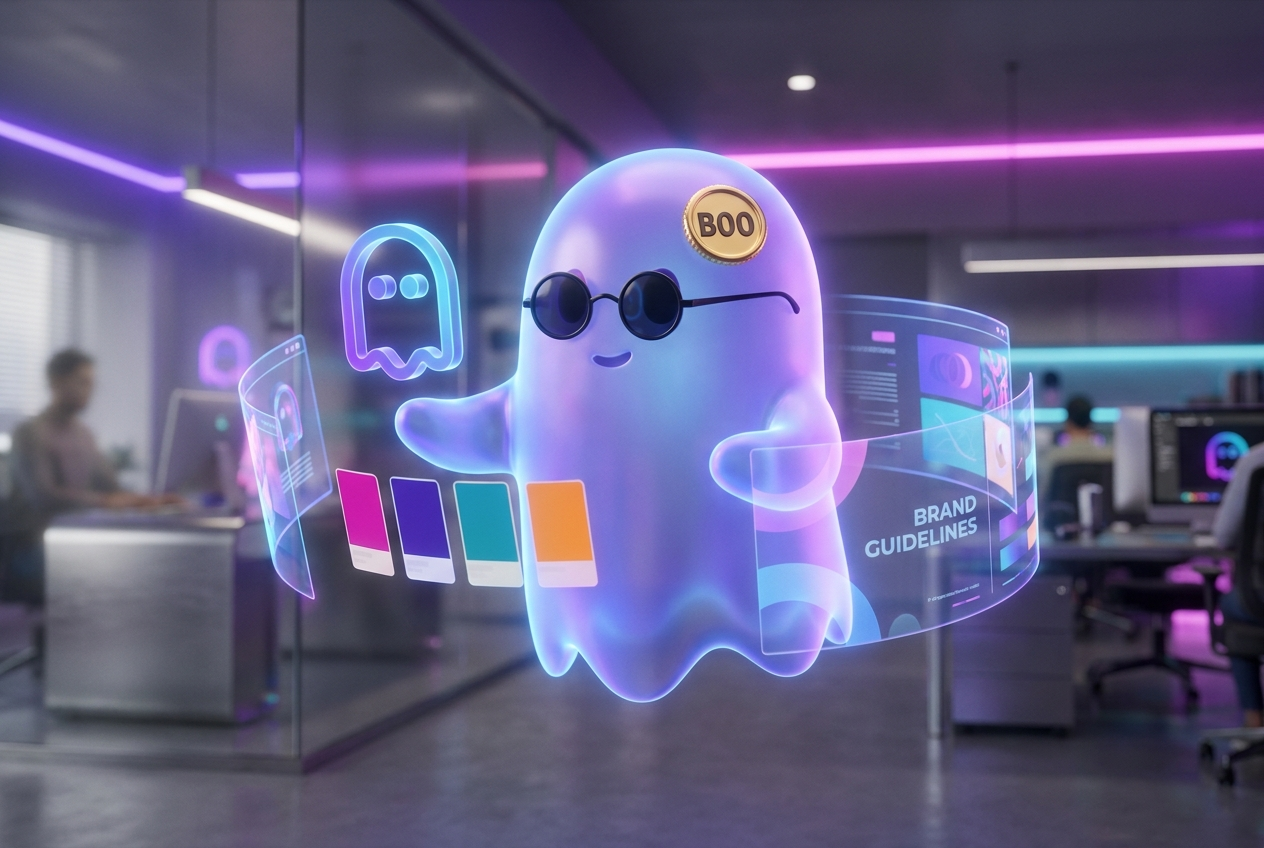Mascota fantasma BOO creando una identidad de marca con IA: logo holográfico, paleta de colores y guía de estilo materializándose a su alrededor