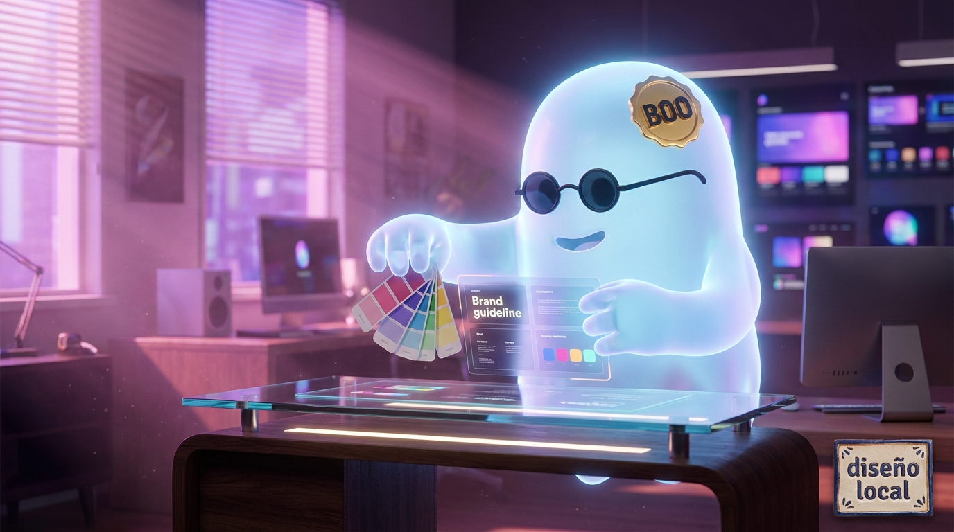 El fantasma BOO ajustando la paleta de colores holográfica y las muestras de marca en un estudio de diseño moderno
