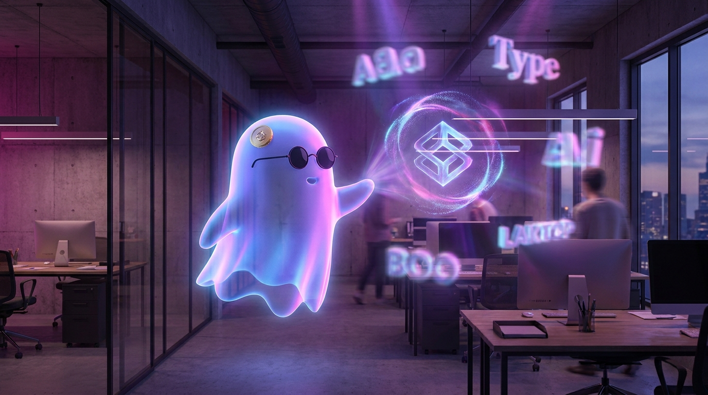 El fantasma BOO presentando un sistema de identidad de marca completo con logo, tipografía y mockups flotando en una agencia de branding