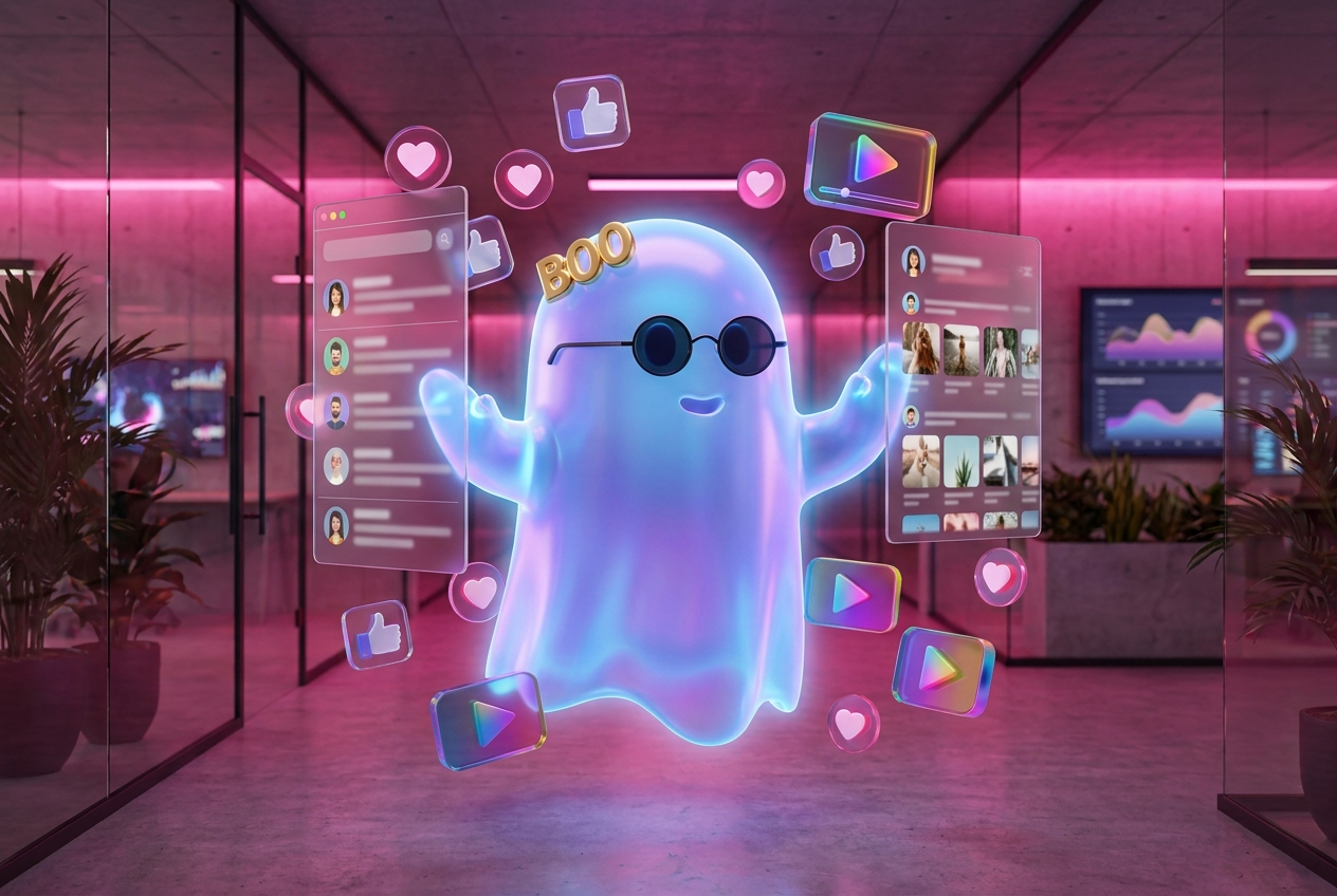 Mascota fantasma BOO gestionando las redes de una pyme, con publicaciones de Instagram y TikTok flotando y «me gusta» en el aire