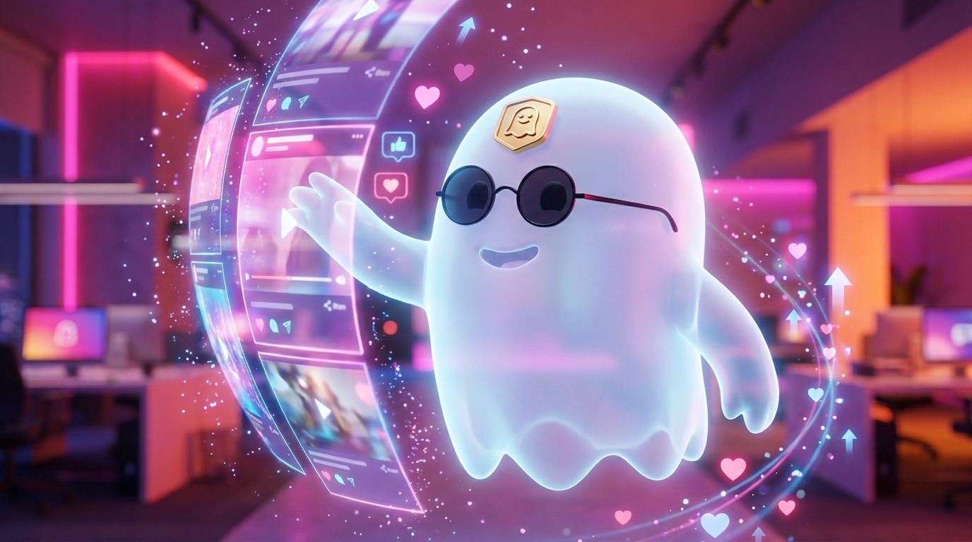 El fantasma BOO revisando un feed holográfico de publicaciones de Instagram y TikTok con métricas de interacción al alza