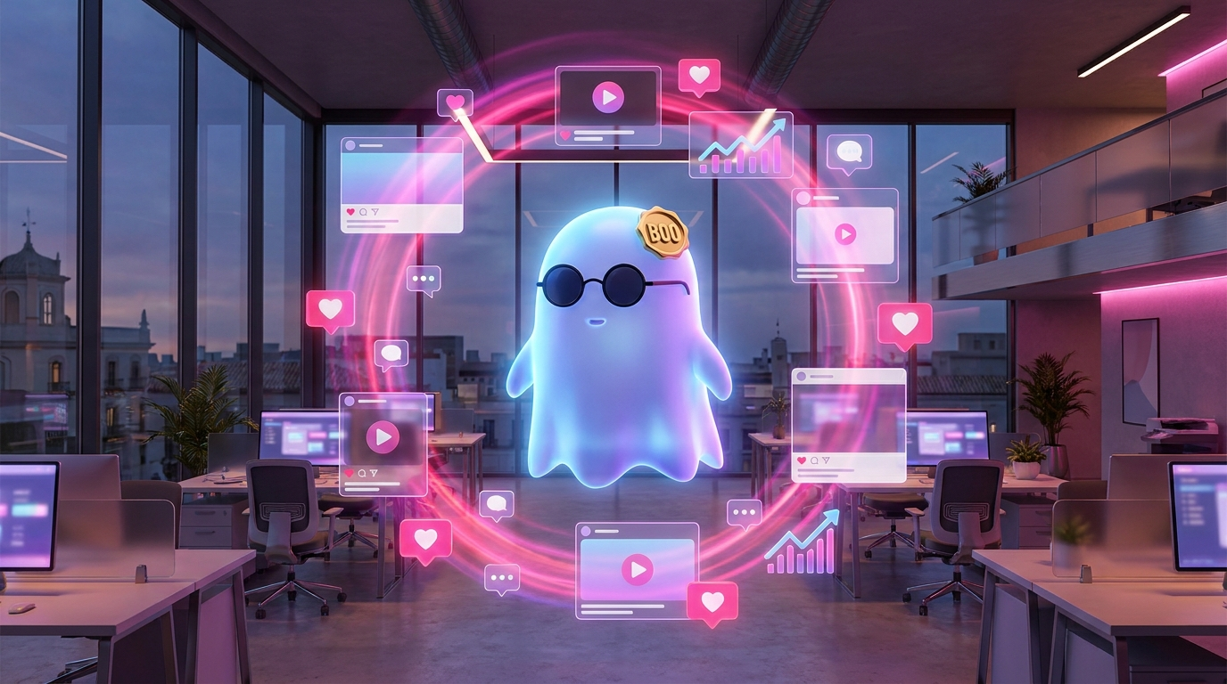 El fantasma BOO rodeado de tarjetas de contenido social y gráficas de crecimiento de seguidores en una oficina moderna