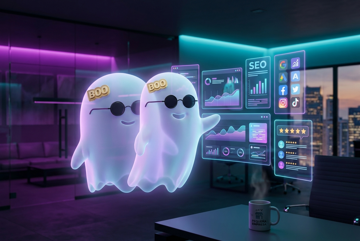 Mascota fantasma BOO orquestando una estrategia de marketing con IA desde un centro de mando flotante con paneles de SEO, anuncios, redes y reseñas