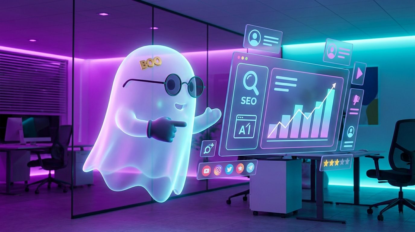 El fantasma BOO señalando un panel holográfico de analítica de marketing con gráficas de SEO y anuncios en crecimiento