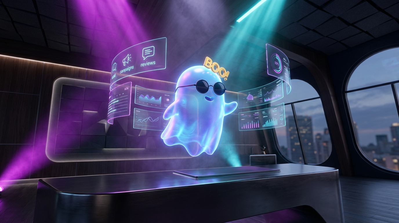 El fantasma BOO flotando sobre un centro de mando futurista con pantallas de redes sociales, campañas de anuncios y reseñas de clientes