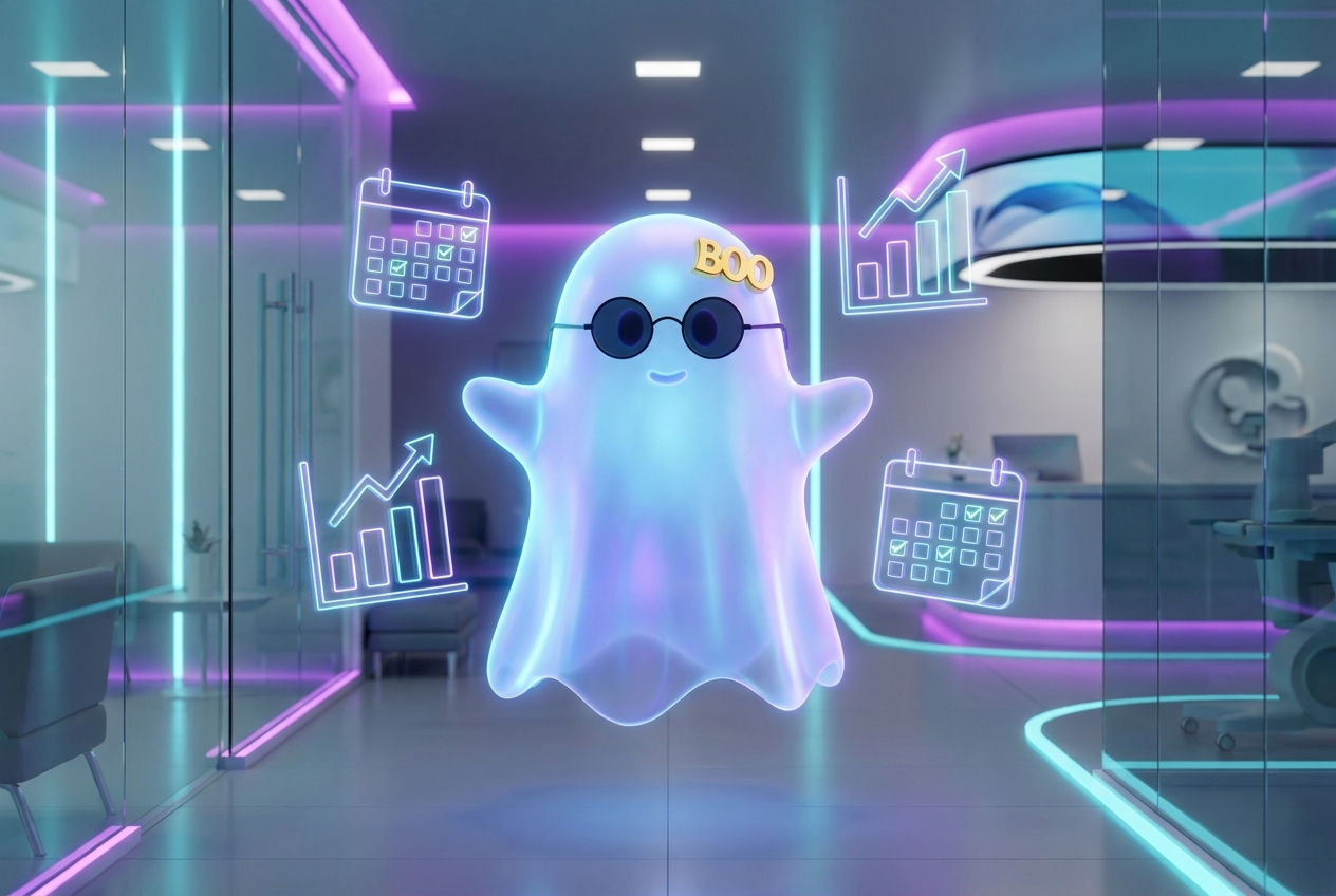 La mascota fantasma BOO de Boomatik ayudando a una clínica a conseguir más pacientes con reservas de cita y reputación online
